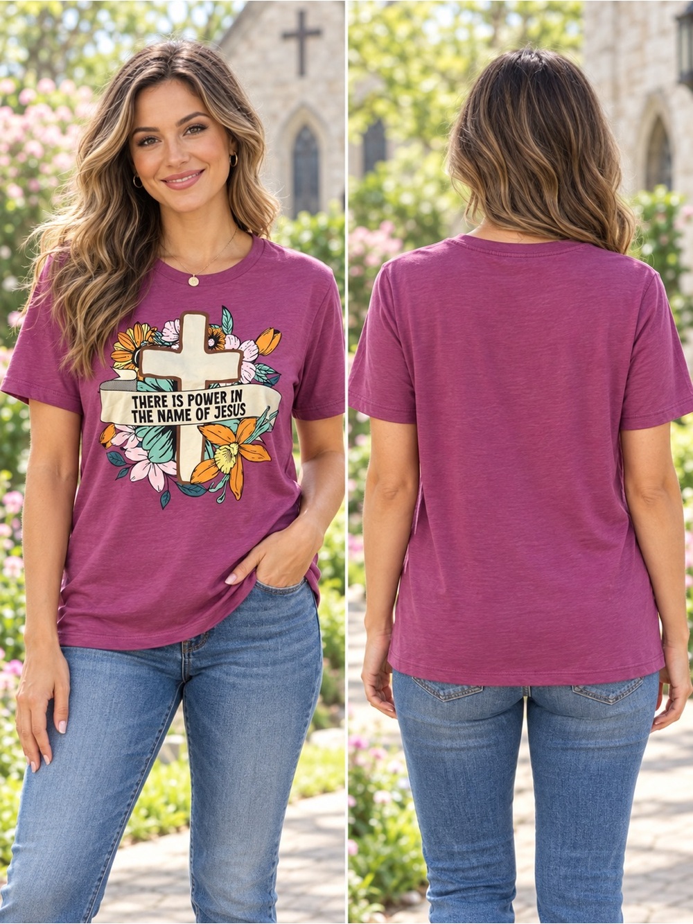 Graphic Faith Tee - Plum Floral Cross